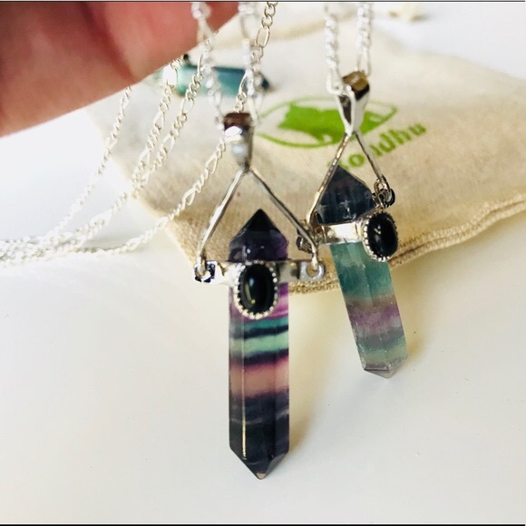 LAST ONE Rainbow Flourite Necklace W/ Onynx Stone - Picture 3 of 8
